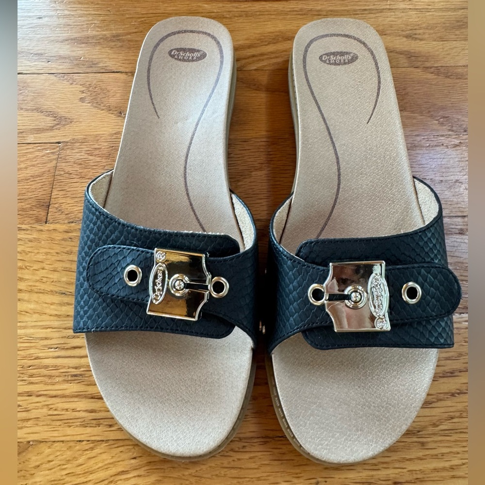 Dr. Scholl's Black Sandals with Gold Buckle